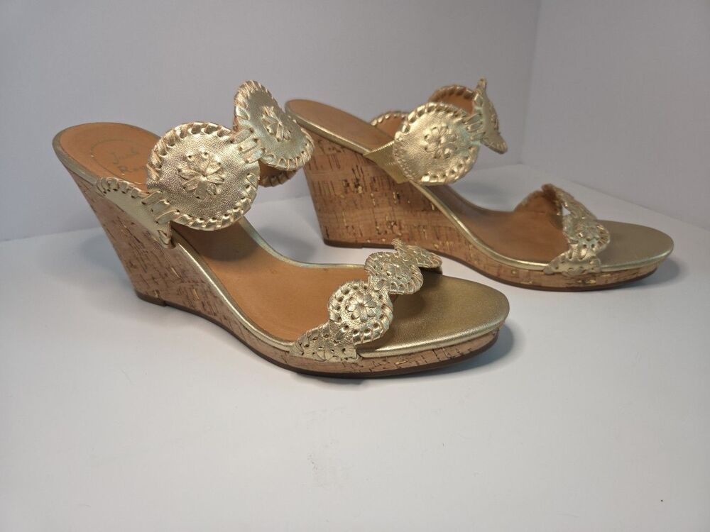 Jack Rogers Gold Leather & Cork High Heel Wedge Strap Sandals Womens Size 9.5 M